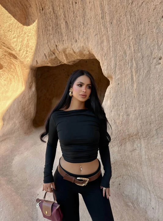 Black Collar Cowl Gathered Crop