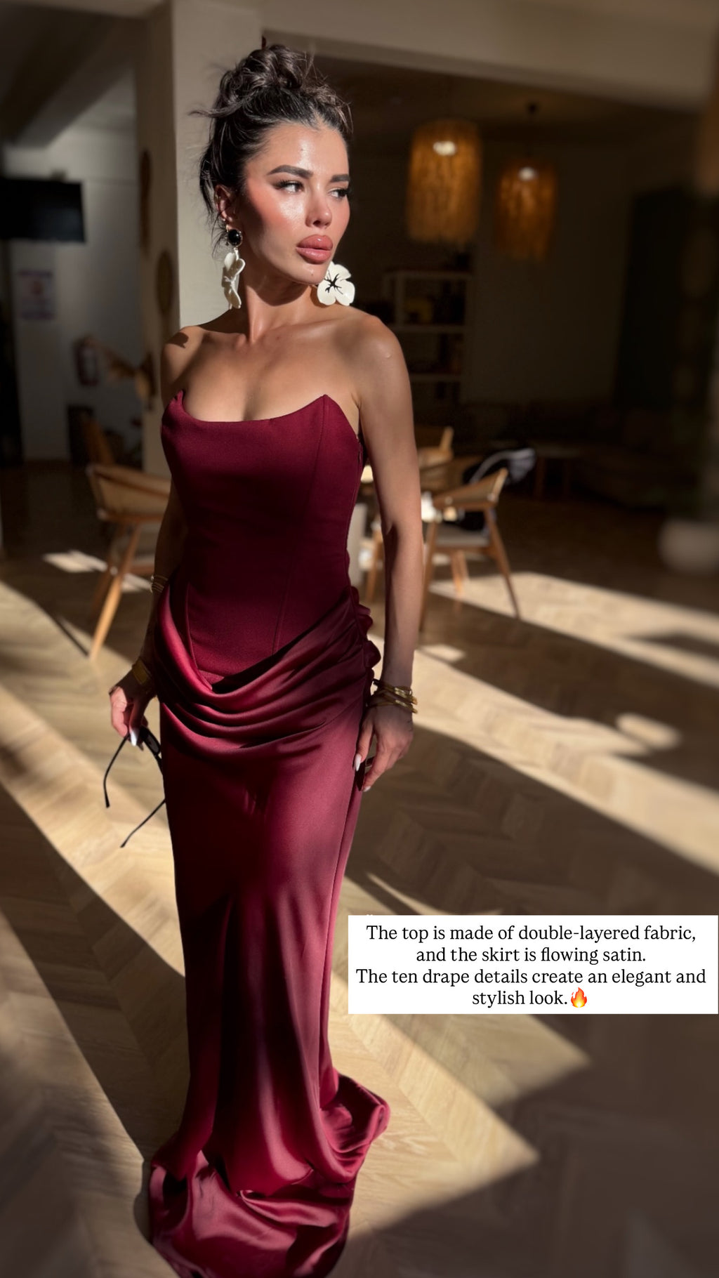 Burgundy Draped Satin Dress