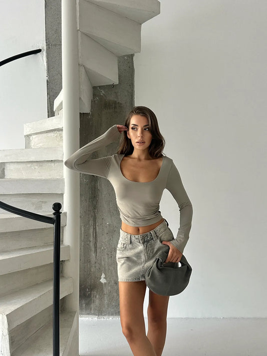 Square Neck Long Sleeve Blouse