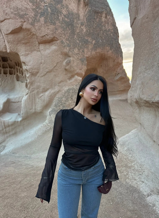 Black One Shoulder Tulle Detail Crop
