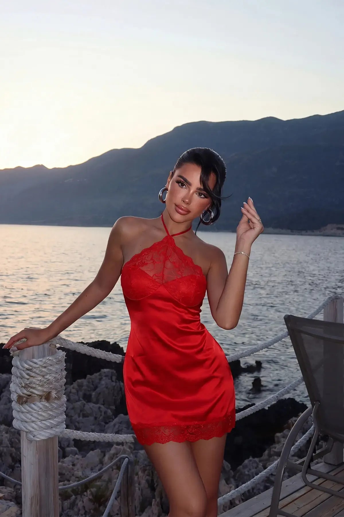 Red Mini Dress with Lace Detail
