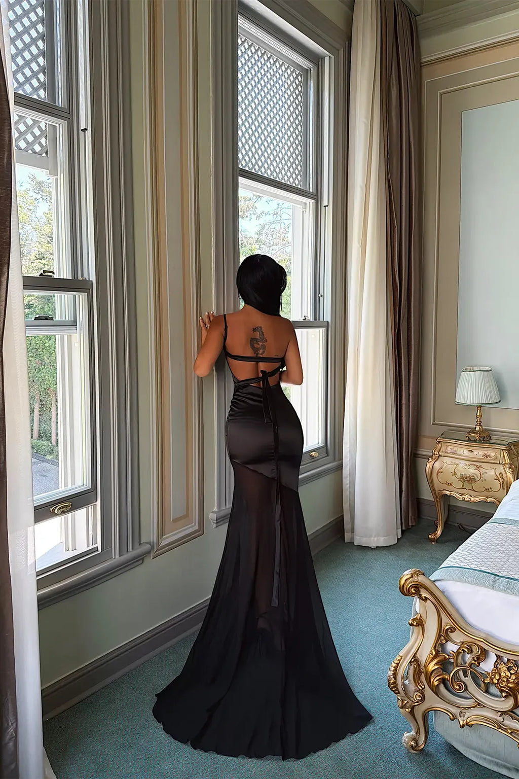 Black Satin Midi Dress