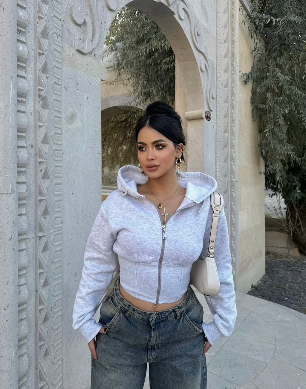 Gray Waist Corset Hooded Cardigan