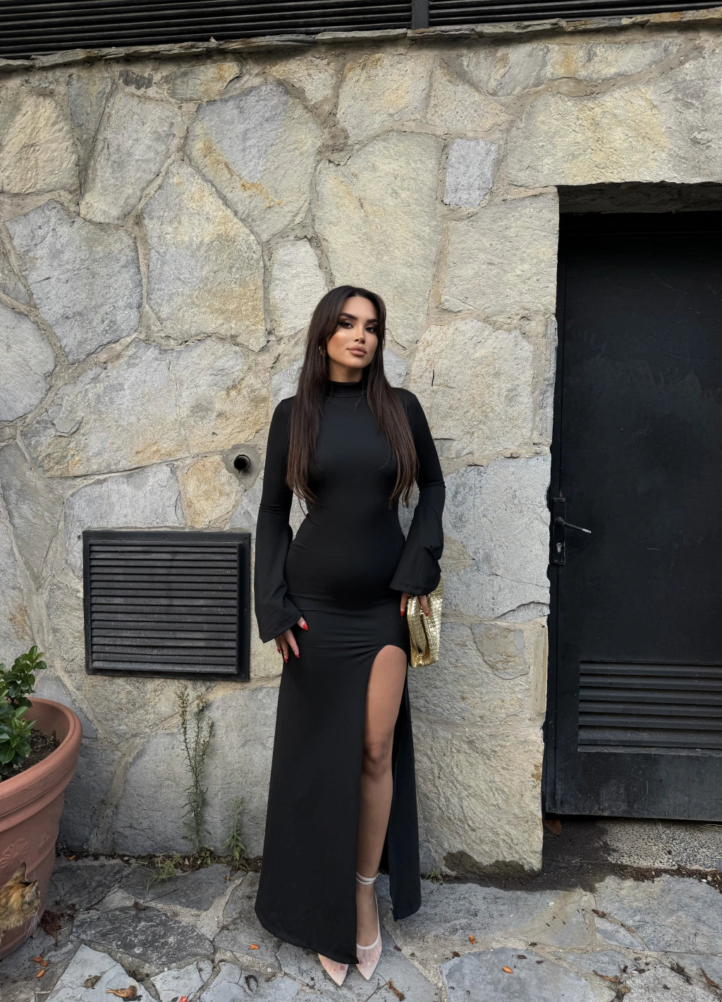 Black back detail dress with a slit