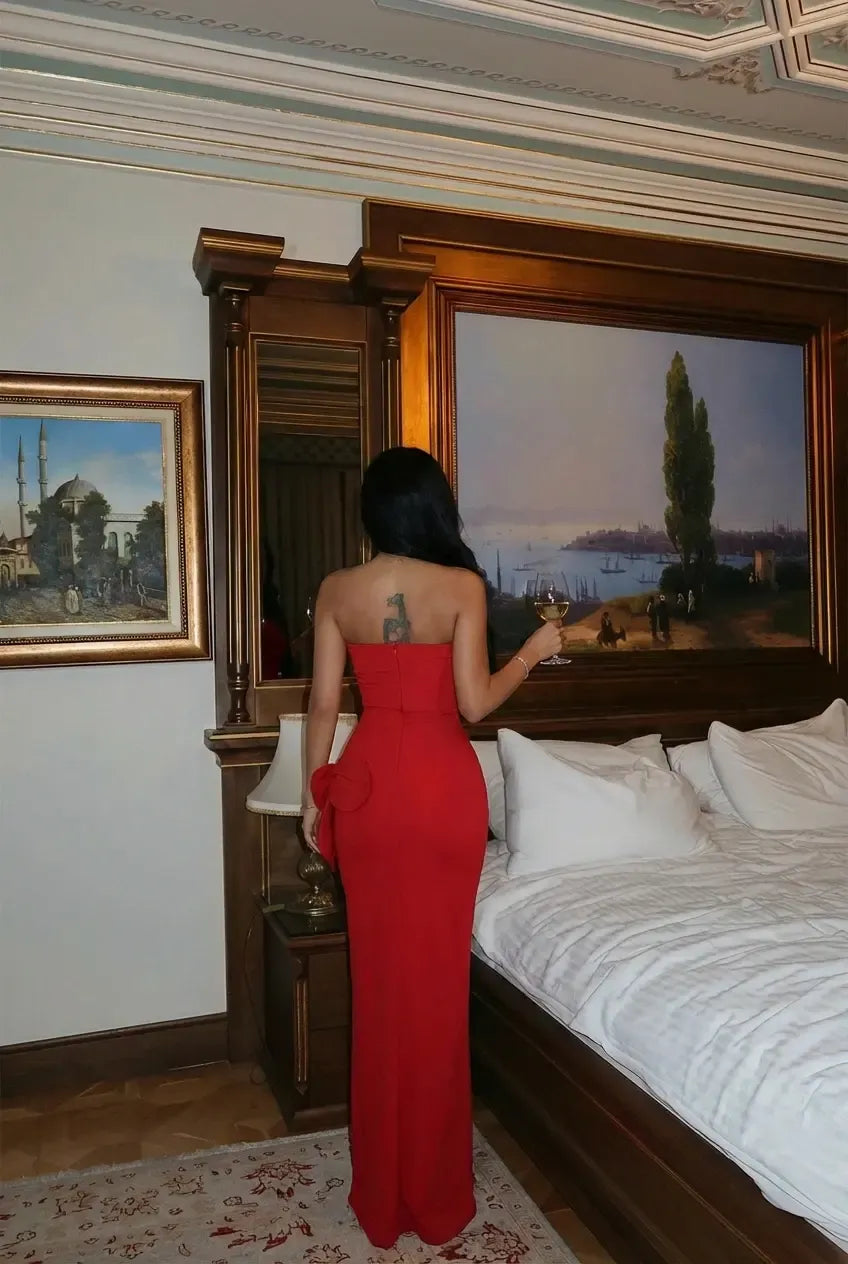 Red Rose Detail Strapless Dress
