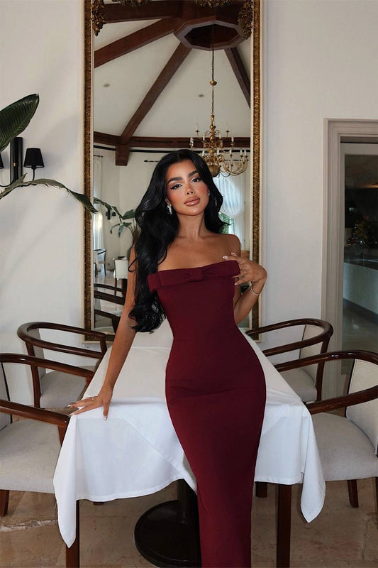 Cherry Maroon Strapless Midi Dress