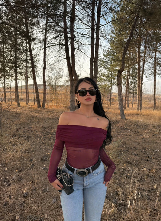 Ava Blouse with Burgundy Tulle Detail