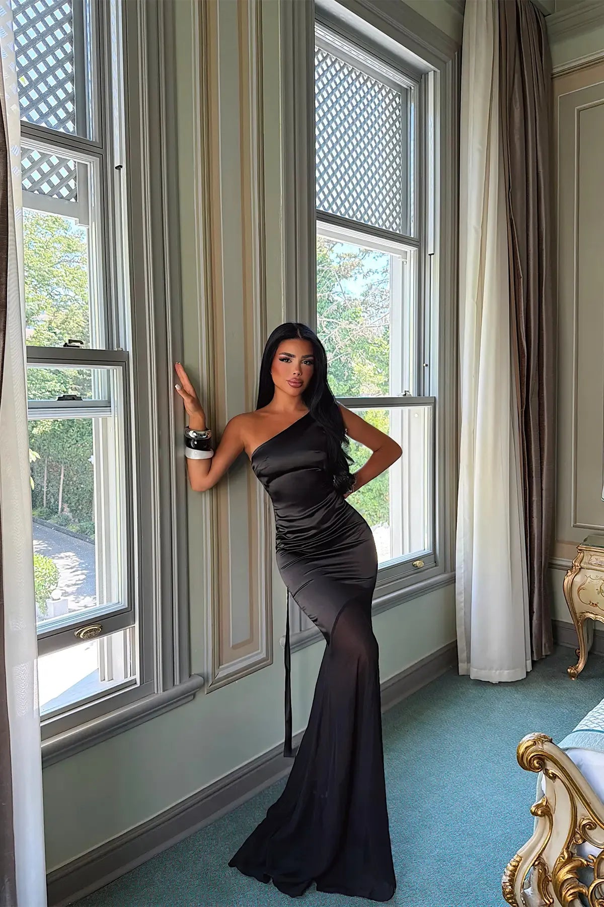 Black Satin Midi Dress
