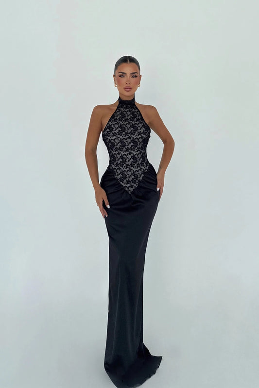 Black Marlo Lace Detailed Satin Dress