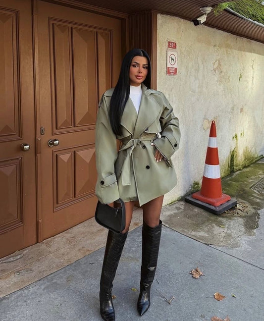 KHAKI BUTTON DETAIL TRENCH COAT